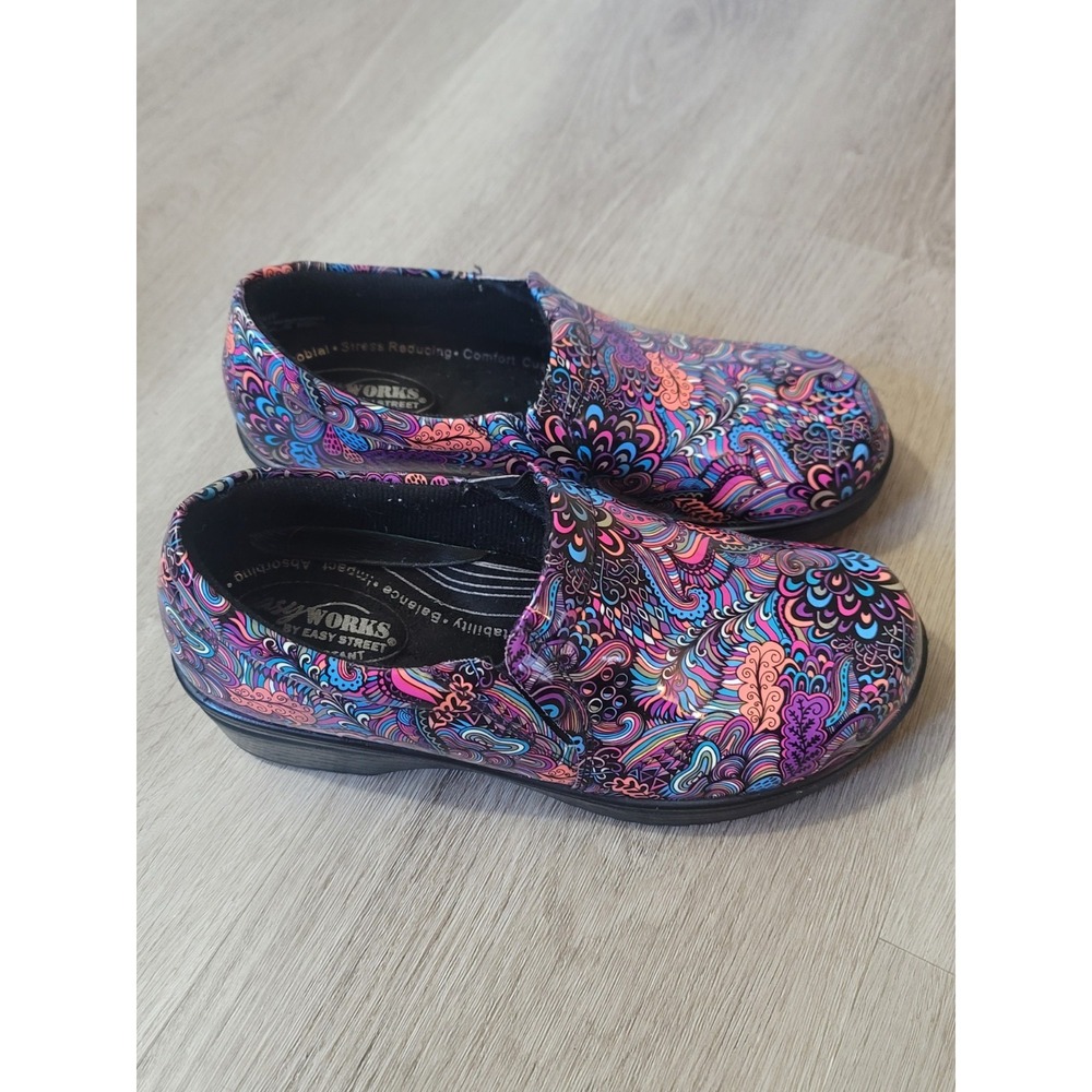 Easy Works by Easy Street Clogs 6.5W Slip Resistant Paisley Patent Shoes Comfort